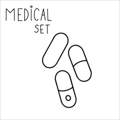 Single hand drawn drug tablets pills Doodle stock vector illustration. element for posters, stickers and seasonal design. Isolated on white background. Sketch elements set for graphic and web design.