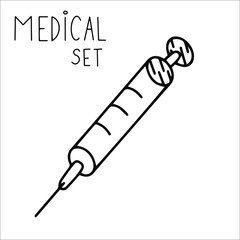 Single hand drawn medical syringe Doodle stock vector illustration. element for posters, stickers and seasonal design. Isolated on white background. Sketch elements set for graphic and web design.