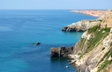 The landscape of the rocky shore of the Black Sea.