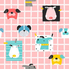 Seamless pattern with funny dogs. Childish trendy print. Vector hand drawn illustration.