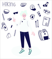 Concept happy man thinks what to bring on a hike. Adventure tourism, travel abroad, summer vacation trip Backpacking decorative design elements isolated on white.Flat cartoon vector illustration.