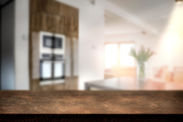 Desk of free space and kitchen interior 