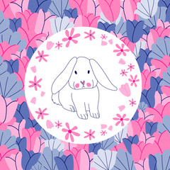 White rabbit with pink flower round frame on blooming tulips background hand drawn stock vector illustration isolated on white. For easter, postcard, poster, advertistment, spring holiday or birthday