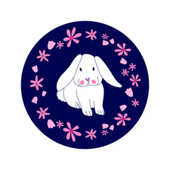 White rabbit with pink flower round frame on dark blue circle background hand drawn stock vector illustration isolated on white. For decor, postcard, poster, advertistment, spring holiday or birthday