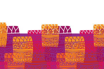Graffiti Party Border-Geometric Patchwork seamless repeat pattern in pink,green,orange, yellow and purple .