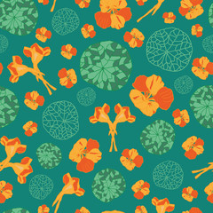 Garden Nasturtium-Flowers in Bloom seamless repeat pattern Background in yellow,orange and green