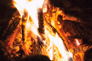 Fire wood brighly burning in furnace. Firewood burn in rural oven. Burning firewood in fireplace closeup. Fire and flames. Close up of burning fire wood in fireplace