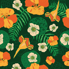 Nasturtium Garden-Flowers in Bloom seamless repeat pattern Background in yellow,orange,white and green