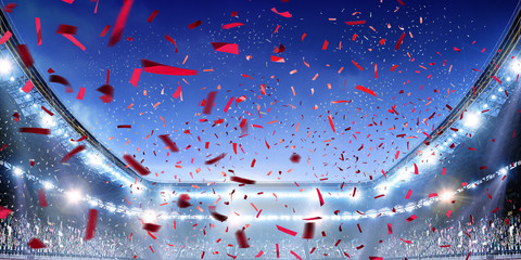 Stadium with fan crowd . Mixed media