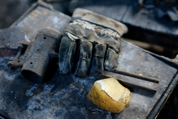 Algaida Es Pla, Majorca / Spain - August 25, 2016: Tools for glass working at handmade glass manufacturing factory Guardiola, Algaida Es Pla, Mallorca, Balearic Islands, Spain.