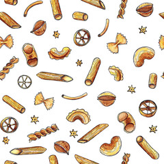 Hand drawn watercolor sketch illustration seamless pattern background with Pasta - Penne, Canneroni, Tortiglioni, Conchiglie, Gomiti, Fusilli, Maccheroni, Cannelloni, Farfalle, Stelline, Creste di Gal