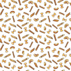 Hand drawn watercolor sketch illustration seamless pattern background with Pasta - Penne, Fusilli, Farfalle, Creste di Gallo isolated on white