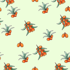 Seamless pattern with sea buckthorn berries and leaf, Watercolor design for packaging herbal tea, natural cosmetic, oil, berryes jam. Endless sea-buckthorn pattern for wrapping paper