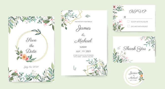 Wedding Invitation Card Set Decorated with green leaves, beautiful leaf design, white background