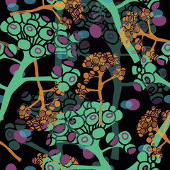 Modern Buds-Flowers in Bloom seamless repeat pattern background in yellow,purple,green,petrol blue& black