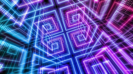 Disco club space illumination neon light room floor wall 3D illustration abstract background