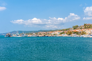 Nea Skioni, Greece - September 06, 2019: Panorama of resort of Nea Skioni, Kassandra, Chalkidiki, Central Macedonia, Greece