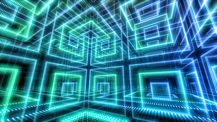 Disco club space illumination neon light room floor wall 3D illustration abstract background