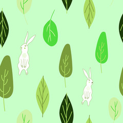 Seamless easter spring bunny colorful leaves hand drawn pattern stock vector illustration on background.Trendy fabric design textile wallpaper wrapping paper or advertising or stationary design.