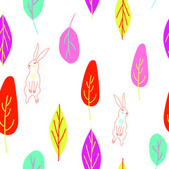 Seamless easter spring bunny colorful leaves hand drawn pattern stock vector illustration on background.Trendy fabric design textile wallpaper wrapping paper or advertising or stationary design.