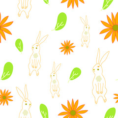 Seamless easter bunny hand drawn pattern with beautiful spring flowers stock Vector illustration. Easter greeting card. For trendy fabric design textile wallpaper wrapping paper.