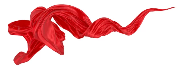 Poster Beautiful flowing fabric of red wavy silk or satin. 3d rendering image. © Andrey Shtepa