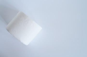 rolled white toilet paper in a white background. space for text, flat lay, top view