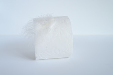 a roll of toilet paper and a white feather on a white background