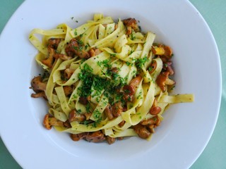 Pasta with chanterelle mushrooms in white plate