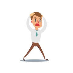 Sad man walking isolated on white. Vector illustration of young sorrow male character.