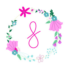 Bunch of flowers round frame international womens day holiday 8 march postcard stock vector illustartion isolated on white background