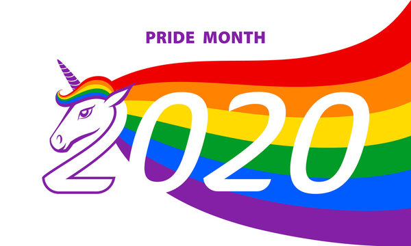 Pride month 2020 LGBT poster with rainbow unicorn vector background.