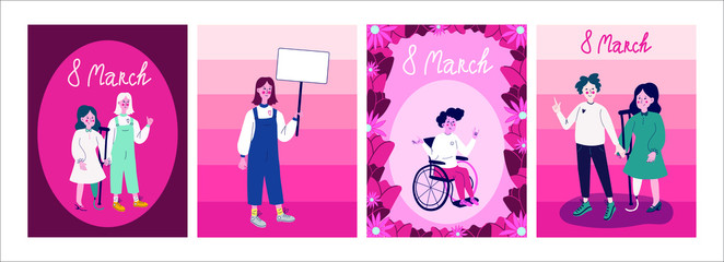 International women&rsquo;s day postcards set with diverse women. 8 March pink flowers, girl on a wheelchair or with prosthetic leg. With protest posters for sign. Disabled human.Isolated stock vector image