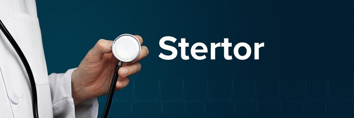 Stertor. Arzt im Kittel hält Stethoskop. Das Wort Stertor steht daneben. Symbol für Medizin,...