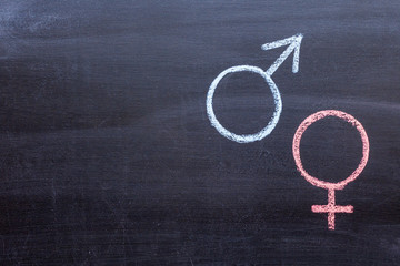 Fototapeta na wymiar Male and female gender symbols on a black background