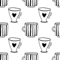 Tea and coffee mugs. Seamless pattern. Black and white illustration for coloring book
