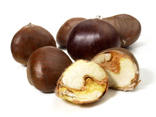 Fresh unpeeled Chestnuts on white Background