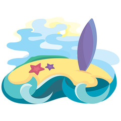 Tropical island in ocean with surfboard. Vector illustration in cartoon style.