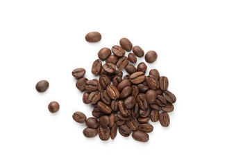 Heap of roasted coffee beans isolated on white. Top view.