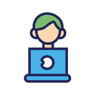 man using laptop computer line and fill style icon