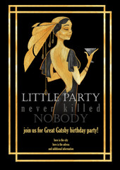 Hand drawn watercolor birthday party invitation with golden frame and woman. Vintage card template, jewel imitation. Art deco and art nouveau elements. Great Gatsby party poster or flyer. - 330088324