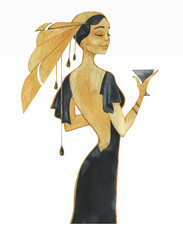 Hand drawn watercolor woman in vintage, art deco style. Great Gatsby party illustration. Stylized character. Girl with cocktail, wineglass.