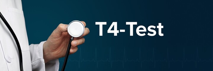 T4-Test. Arzt im Kittel hält Stethoskop. Das Wort T4-Test steht daneben. Symbol für Medizin,...