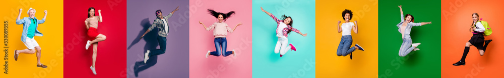 Poster Photo collage of eight cheerful glad optimistic carefree feeling great old preteen multiethnic guy millennial people jumping high up achieving victory triumph isolated over multicolored background