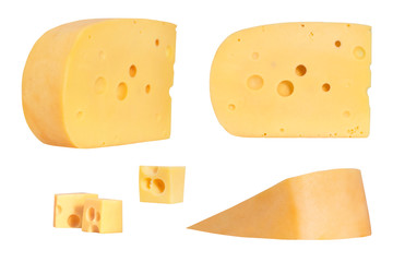 Pieces of cheese isolated on white background. Cheese collection, set