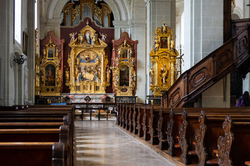 Inside view of Hofkirche St. Leodegar Church in Lucern Switzerland