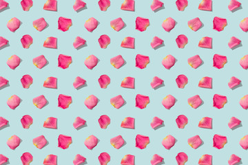 Spring pattern pink rose petals on blue background. Sale, discount, floral shop, wrapping paper, greeting card background