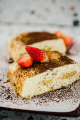 Cottage cheese baked cake, cheese cake pudding or casserole. Italian ricotta cheesecake. Delicious homemade cheesecake slice with berries 