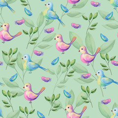 Watercolor birds, branches and leaves on a green background. Seamless pattern can be used for textiles and wrapping paper 