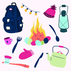 Colorful camping equipment set. Hand drawn icons clip art backpack, campfire,flashlight,teapot . Stock vector illustration isolated on light backgound. Sketch elements set for graphic and web design.